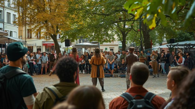 Uma multidão vibrante se reúne para assistir a um cativante espetáculo de rua contra o pano de fundo de uma movimentada praça da cidade Risos, aplausos e a energia do momento enchem o ar