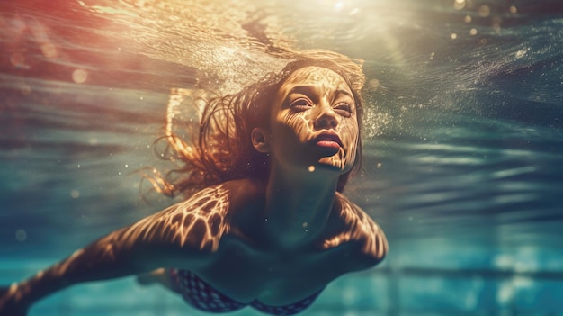 uma nadadora na piscina imagem subaquática generativa ai