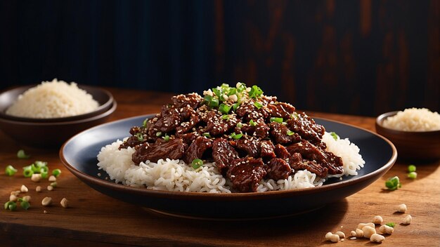 Foto uma narrativa visual deliciosa com uma vista lateral de um prato com carne mongol a mesa de madeira