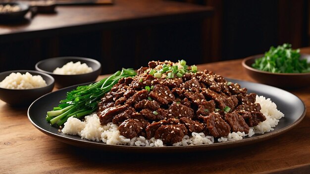 Foto uma narrativa visual deliciosa com uma vista lateral de um prato com carne mongol a mesa de madeira