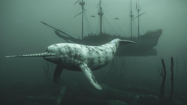 Foto uma narval gigante nada nas profundezas do oceano. no fundo, um navio fantasma afunda lentamente.