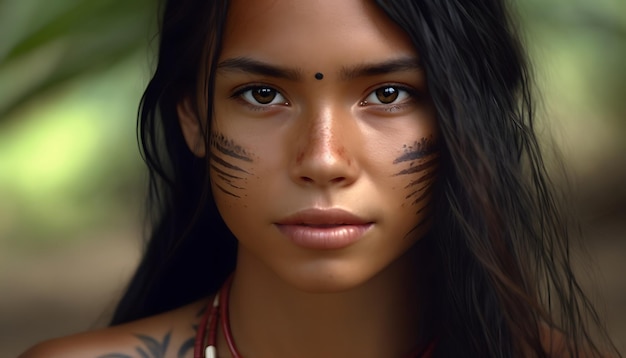 Uma nativa com tinta preta no rosto