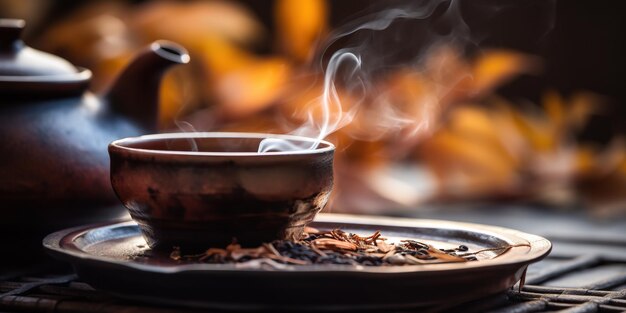 Foto uma natureza morta capturando a essência de uma cerimônia do chá delicados utensílios de chá, flores cuidadosamente arranjadas e xícaras fumegantes de chá convidam à contemplação e à tranquilidade ia generativa