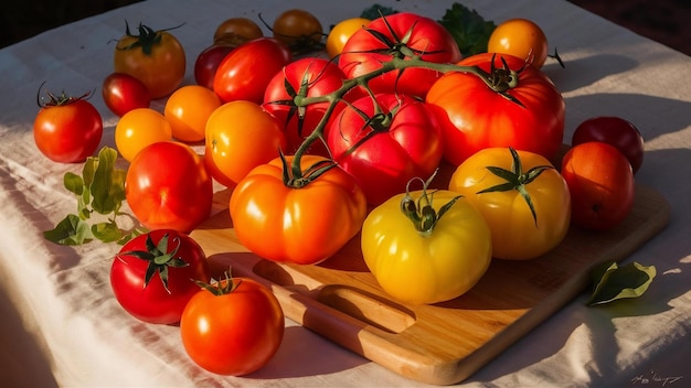 Uma natureza morta colorida e vibrante de tomates maduros