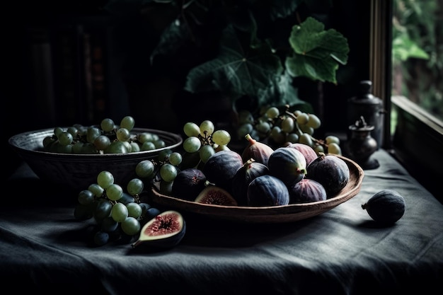 Uma natureza morta com figos e uvas sobre uma mesa.