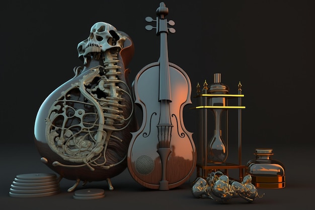 Uma natureza morta de um violino e um violino