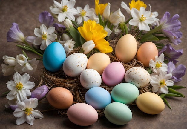 Uma natureza morta de uma Feliz Páscoa em casa com flores da primavera e ovos coloridos na mesa