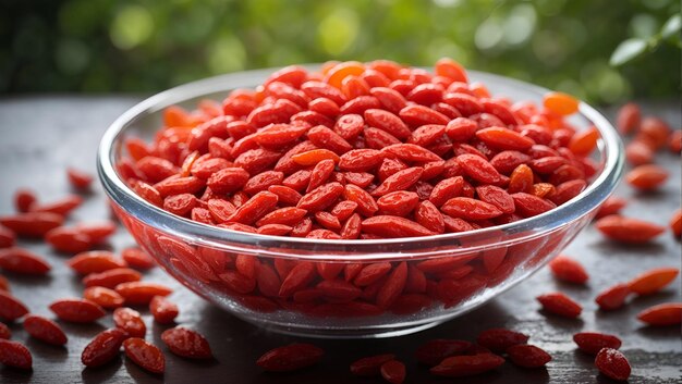 Uma natureza morta de uma tigela de vidro de goji berries recém colhidas brilhando com o orvalho da manhã