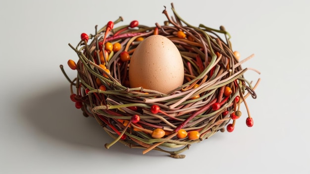 Uma natureza morta fotorrealista de um ninho tecido de especiarias coloridas aconchegando um único ovo perfeito