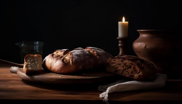 Uma natureza morta rústica de pão fresco e luz de velas gerada por IA
