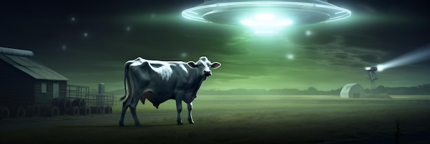 Uma nave alienígena atira um feixe de luz em uma vaca Generative AI