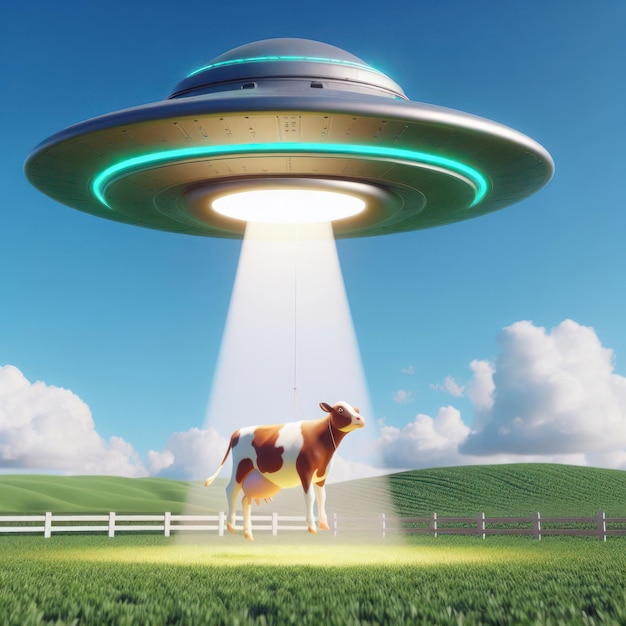 Uma nave espacial alienígena está a tentar roubar uma vaca de um campo.