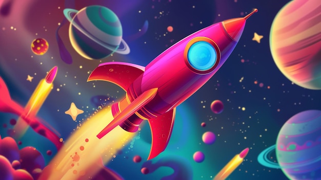 uma nave espacial colorida voando sobre um fundo espacial colorido