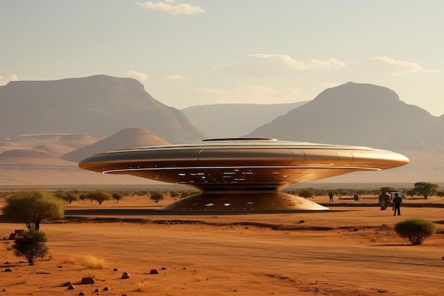 Uma nave espacial de disco voador ou OVNI pousou em um deserto com muita areia