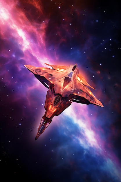 Uma nave espacial deslizando pelas cores hipnotizantes de uma nebulosa alienígena foto realista