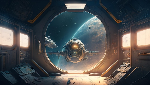 Uma nave espacial é vista através de uma janela com o planeta Terra visível no fundo.