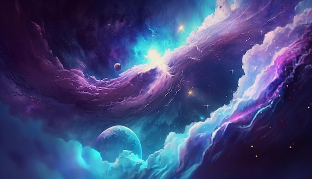 Uma nave espacial em uma galáxia com uma nebulosa ao fundo
