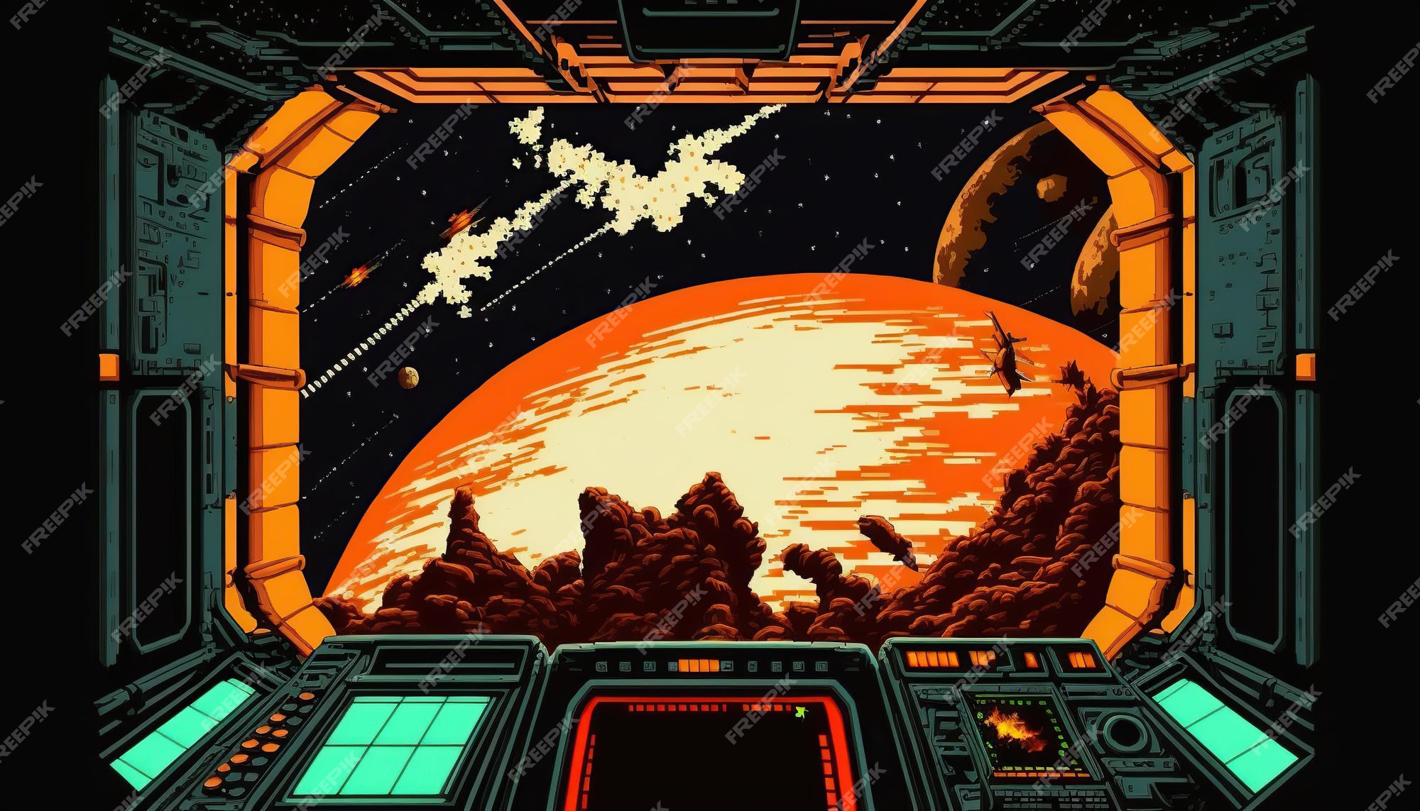 Vetores de Pixel Art Estilo Ovni Jogo De Arcade De Guerra Espacial Modelo  Explosão De Pixels E Nave Espacial Um Jogo Retrô De 8 Bits Inspirado Nos  Anos 90 Da Moda Espaço