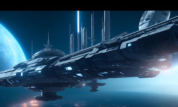 Foto uma nave espacial está sobrevoando um planeta com um fundo azul que diz 'star wars the empire'