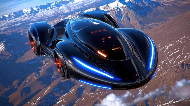 Foto uma nave espacial futurista a voar acima de uma paisagem alienígena.