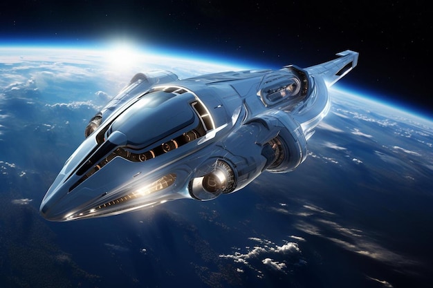 Uma nave espacial futurista com as palavras "ônibus espacial" na lateral.