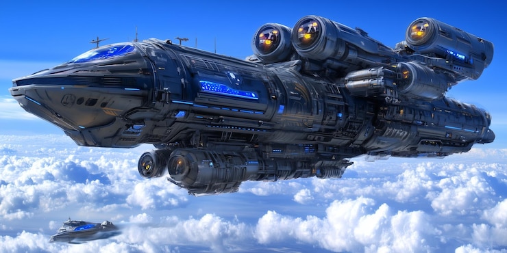 Foto uma nave espacial futurista com motores brilhantes voa sobre um mar de nuvens