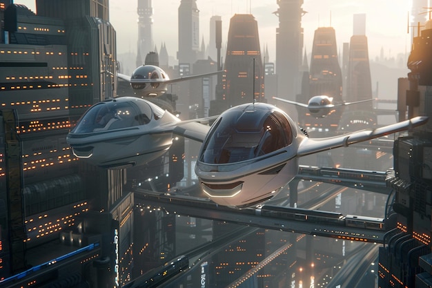 Uma nave espacial futurista está acima de uma cidade.