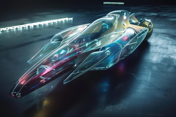 Foto uma nave espacial holográfica com linhas elegantes e superfícies transparentes brilhantes
