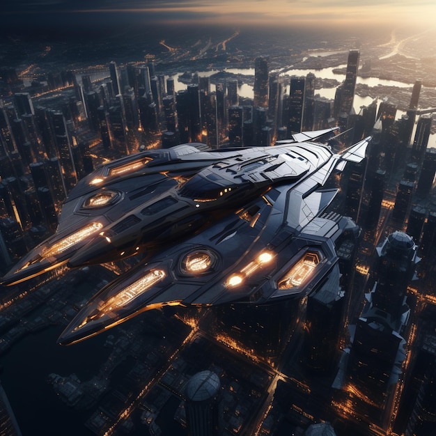 Uma nave espacial voando ao redor de uma cidade no espaço IA generativa