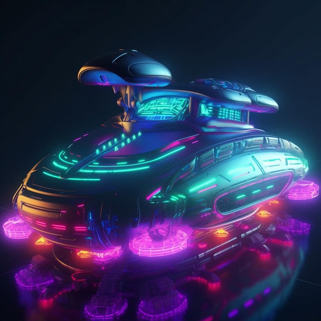 Uma nave futurista com luzes neon e uma luz azul.