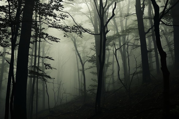 Uma névoa densa envolve uma floresta escura com um bloco de sil.
