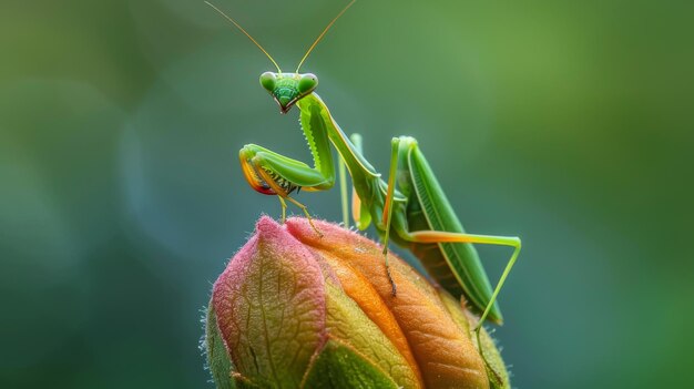 Uma ninfa de mantis empoleirada em um broto de flor delicado, misturando-se perfeitamente com seu entorno, enquanto espera pacientemente a presa que passa