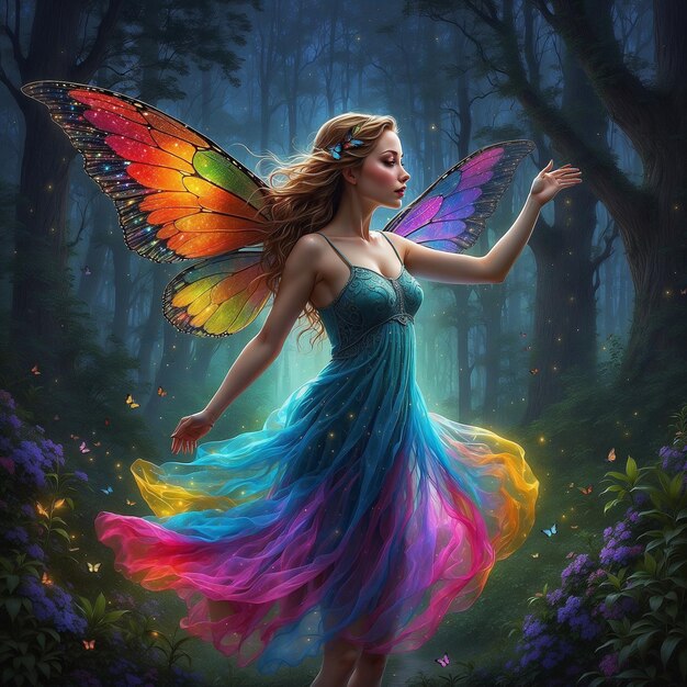 Uma ninfa etérea luminosa dança entre vaga-lumes brilhantes sua pele brilhando com um arco-íris