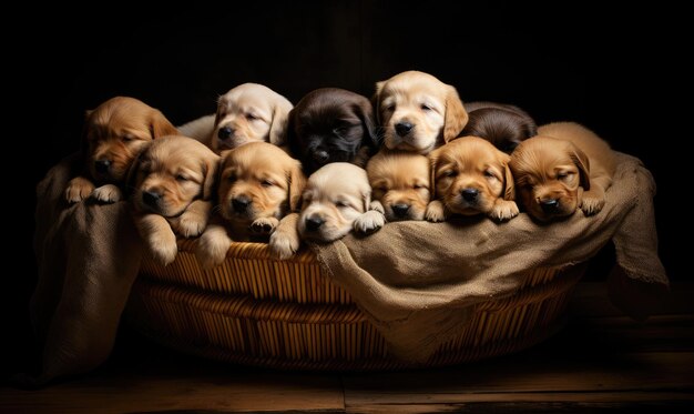 Uma ninhada de filhotes de golden retriever dormem pacificamente aninhados em uma cesta irradiando calor e carinho Criado com ferramentas generativas de IA