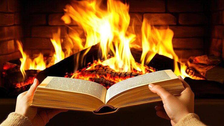 Foto uma noite aconchegante à beira da lareira, lendo um livro diante de uma fogueira quente