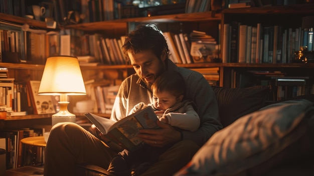 Foto uma noite aconchegante de contos pai e filho absorvidos num livro numa biblioteca doméstica