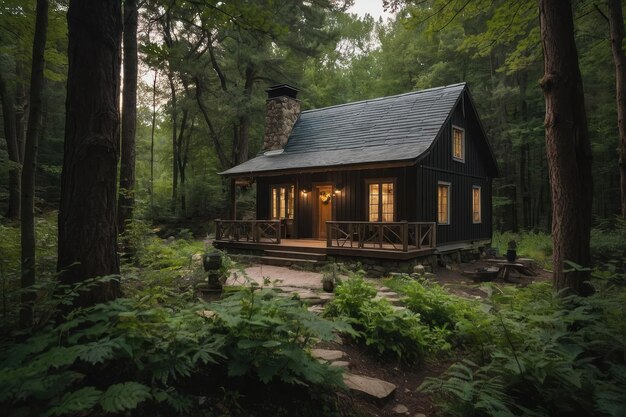 Foto uma noite aconchegante na cabana na floresta