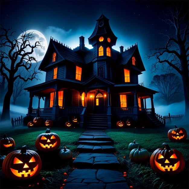 Uma noite assustadora de Halloween com uma casa assombrada luz da lua assustadora e abóboras esculpidas mistério escuro