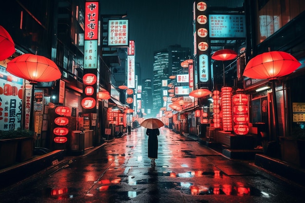 Uma noite chuvosa com uma pessoa segurando um guarda-chuva