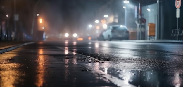 Uma noite chuvosa na cidade com um carro passando na estrada e uma rua com uma placa que diz 'chuva'