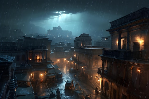 Uma noite chuvosa na cidade de assassin's creed