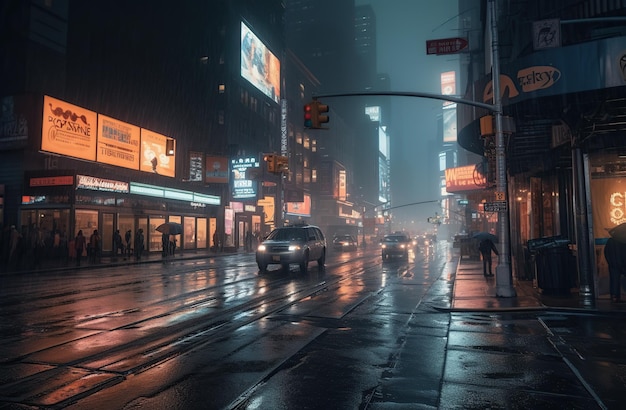 Uma noite chuvosa na Times Square, com um outdoor do filme o filme.