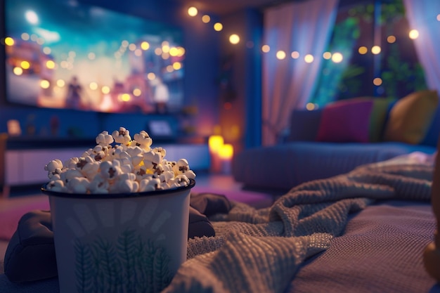 Foto uma noite de cinema familiar aconchegante com pipocas.