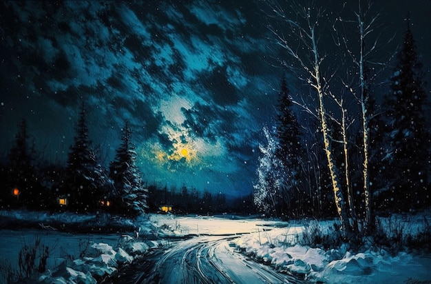 Uma noite de Natal, uma noite de inverno, uma paisagem, uma pintura abstrata, um tom sombrio, um óleo.