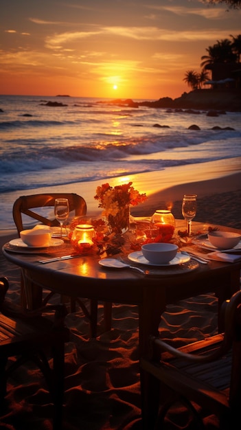 Uma noite de praia perfeita Experiência gastronómica cativante sob o abraço caloroso do sol poente Vertical