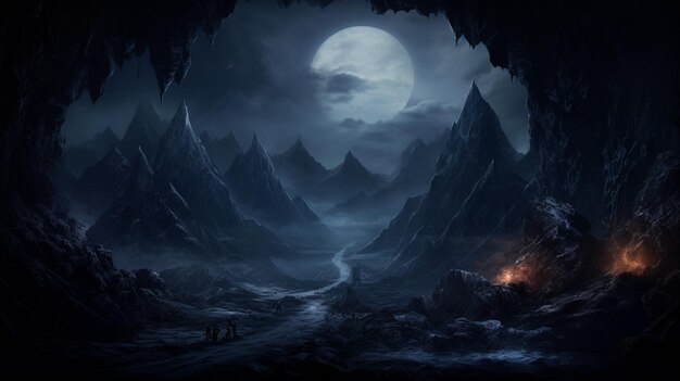Uma noite escura com uma lua cheia e um barco ao fundo.