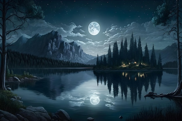 Uma noite estrelada com um lago e montanhas ao fundo
