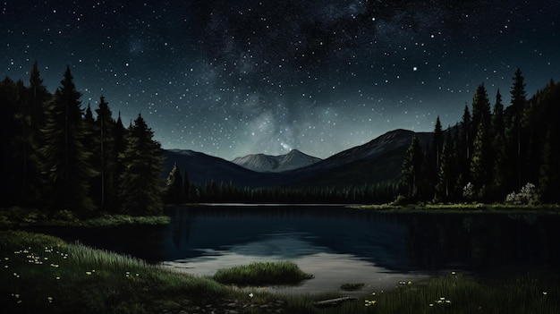 Uma noite estrelada sobre um lago