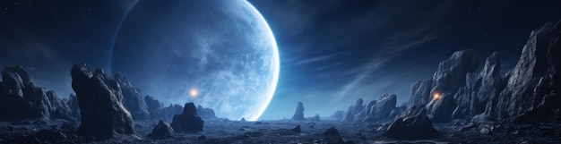 Uma noite iluminada pela lua com uma lua azul e uma paisagem rochosa IA generativa