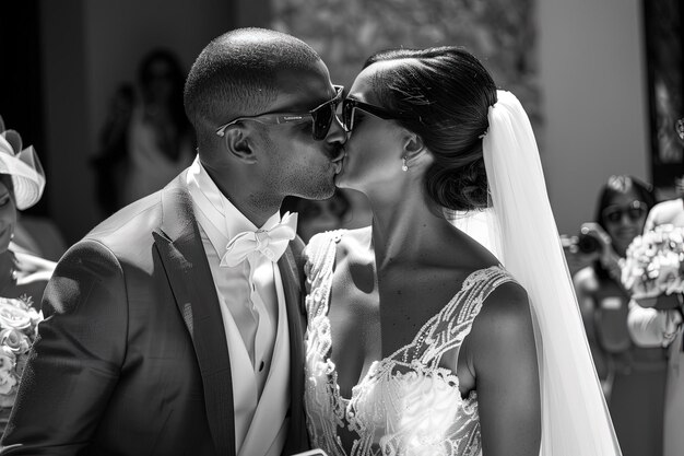 Foto uma noiva e um noivo a beijar-se na frente de um grupo de pessoas